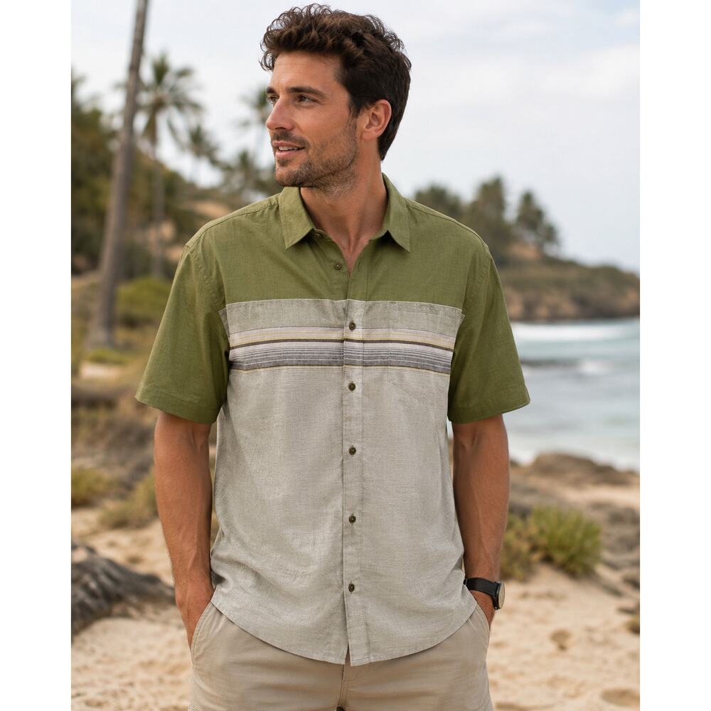 Prana Camino Camp Shirt Mens Size XL Green Striped Cotton Casual Button Down - Picture 4 of 11